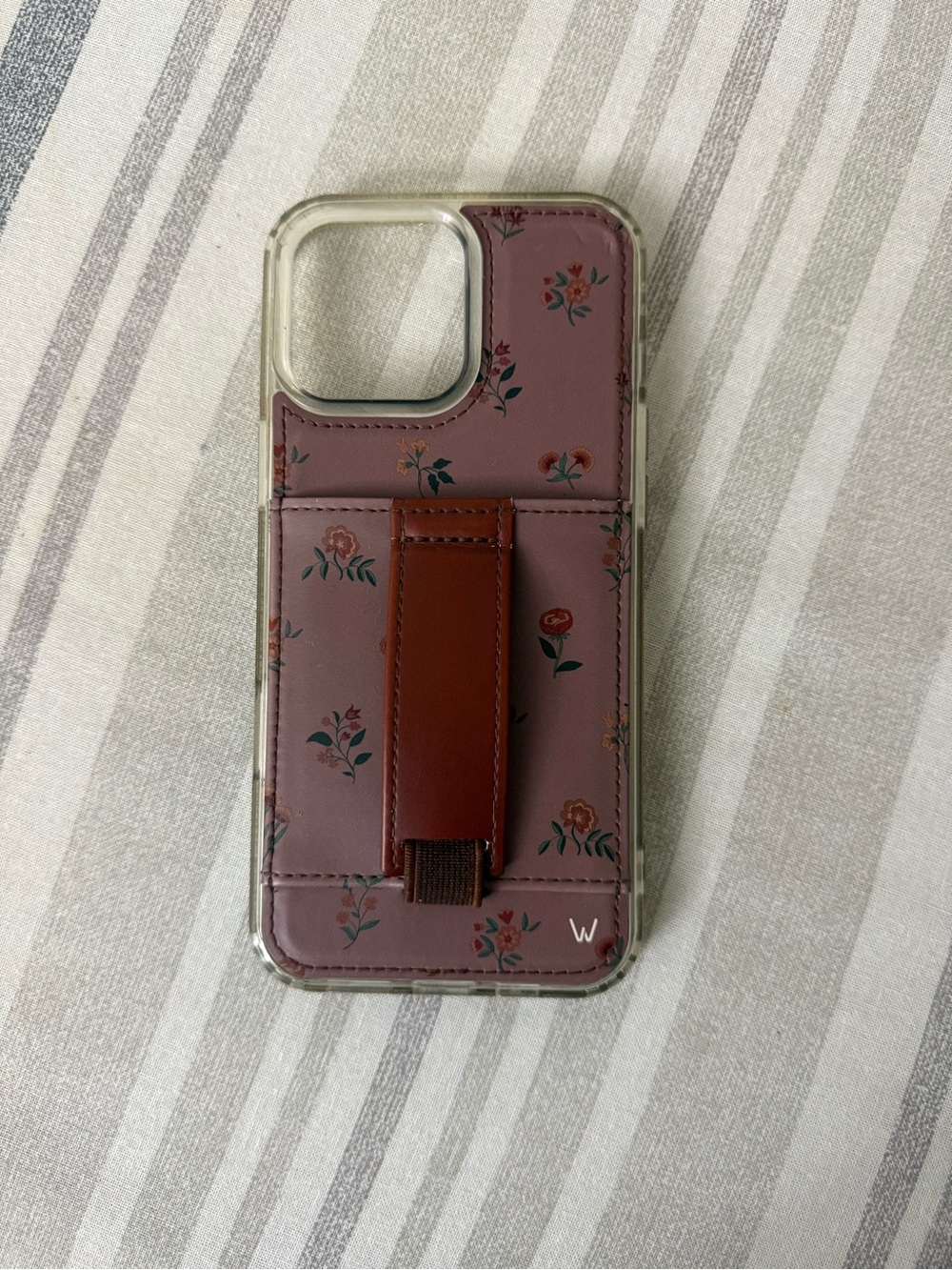 Floral Mauve Walli Case with Brown Strap Card Grip